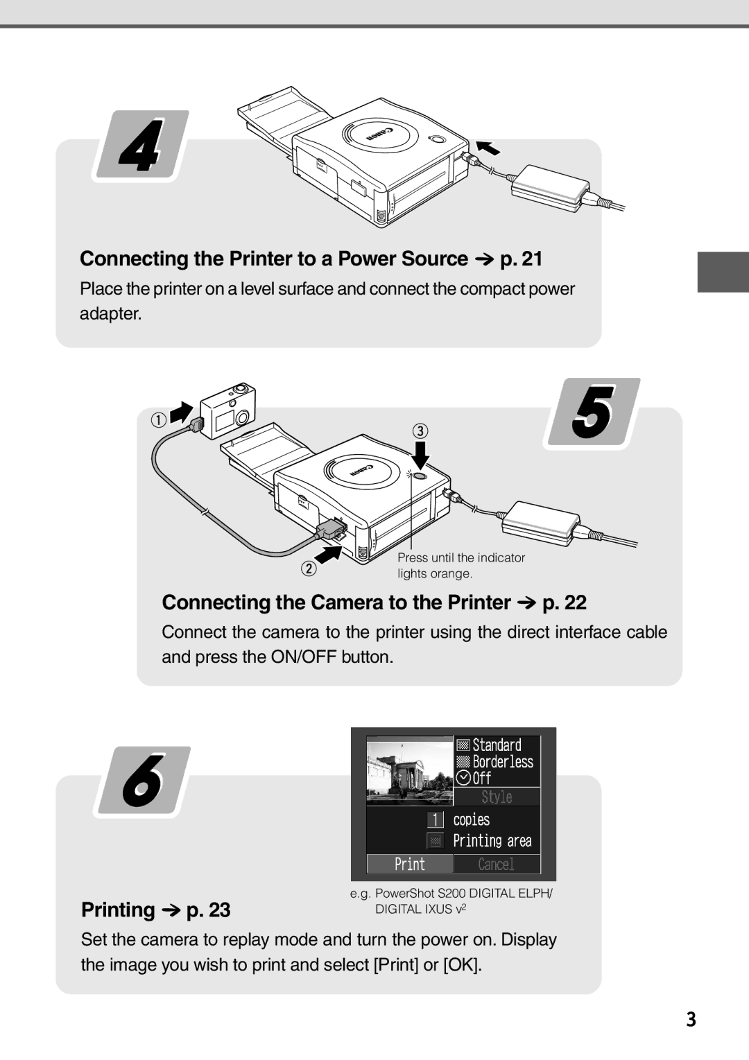 Canon CP-100 manual Connecting the Printer to a Power Source p, Connecting the Camera to the Printer p, Printing p 