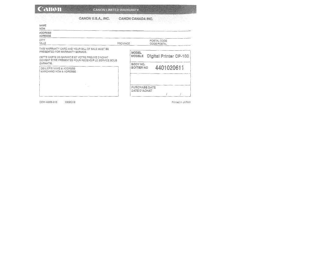 Canon CP-100 manual Name 