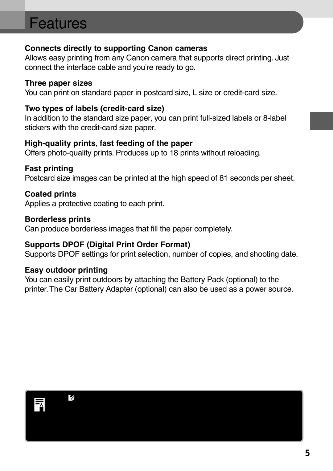 Canon CP-100 manual Features, Connects directly to supporting Canon cameras 