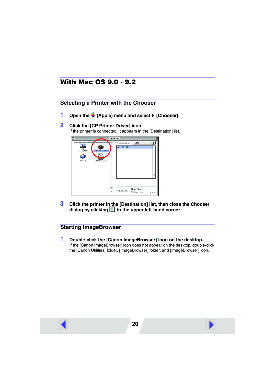 Canon CP-200, CP-300 manual With Mac OS 9.0, Selecting a Printer with the Chooser, Starting ImageBrowser 