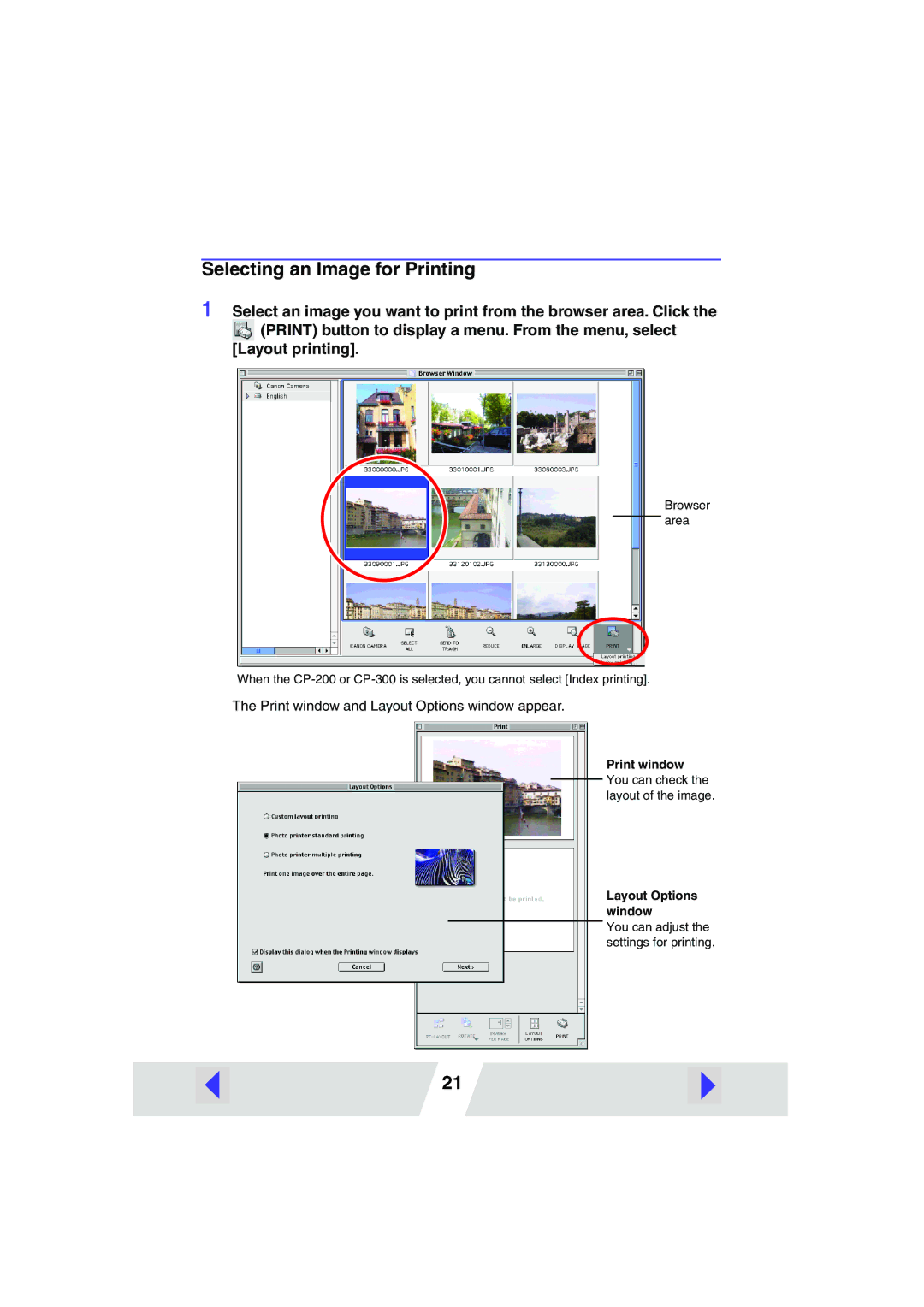 Canon CP-300, CP-200 manual Selecting an Image for Printing, Print window and Layout Options window appear 