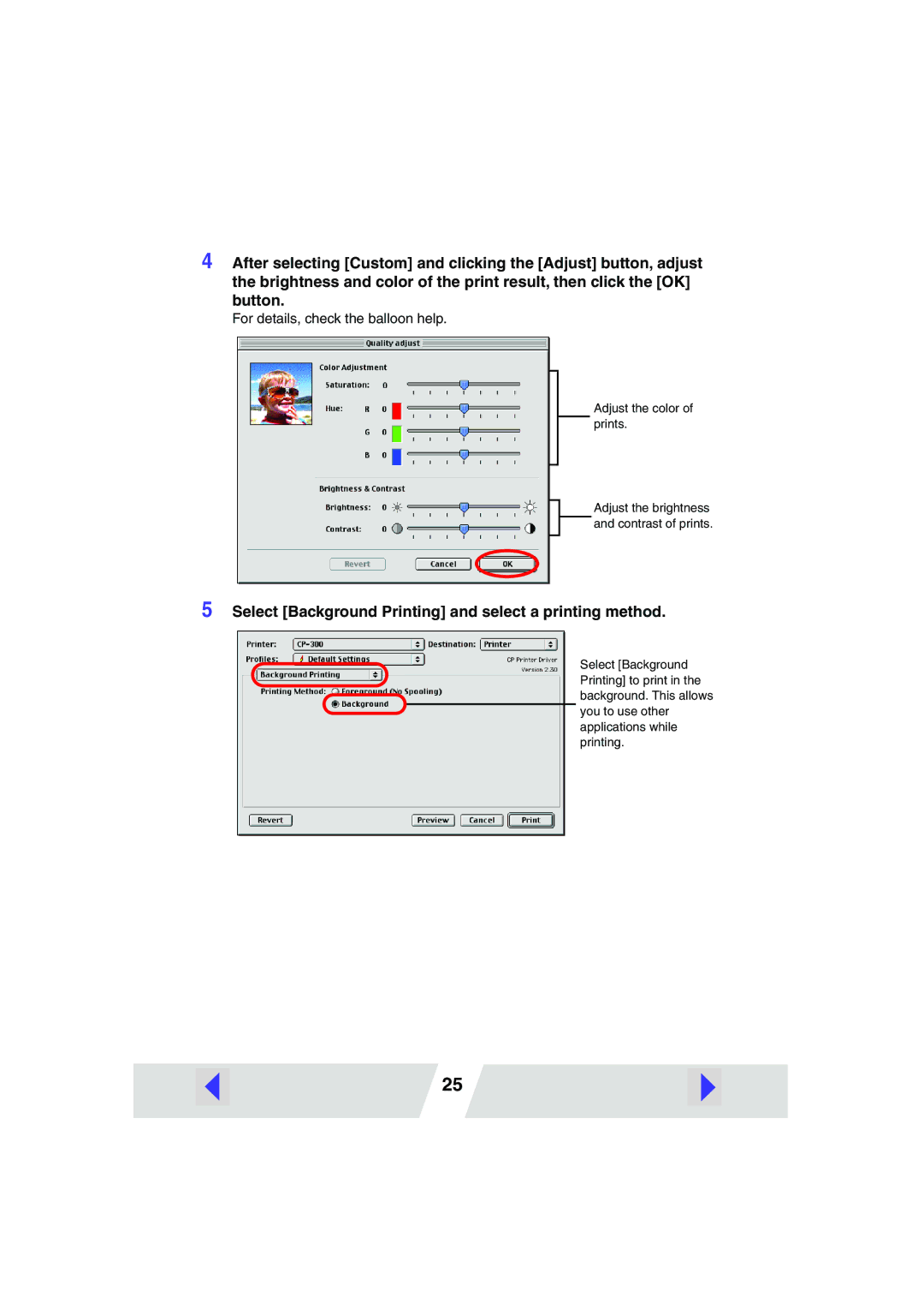 Canon CP-300, CP-200 manual Select Background Printing and select a printing method 