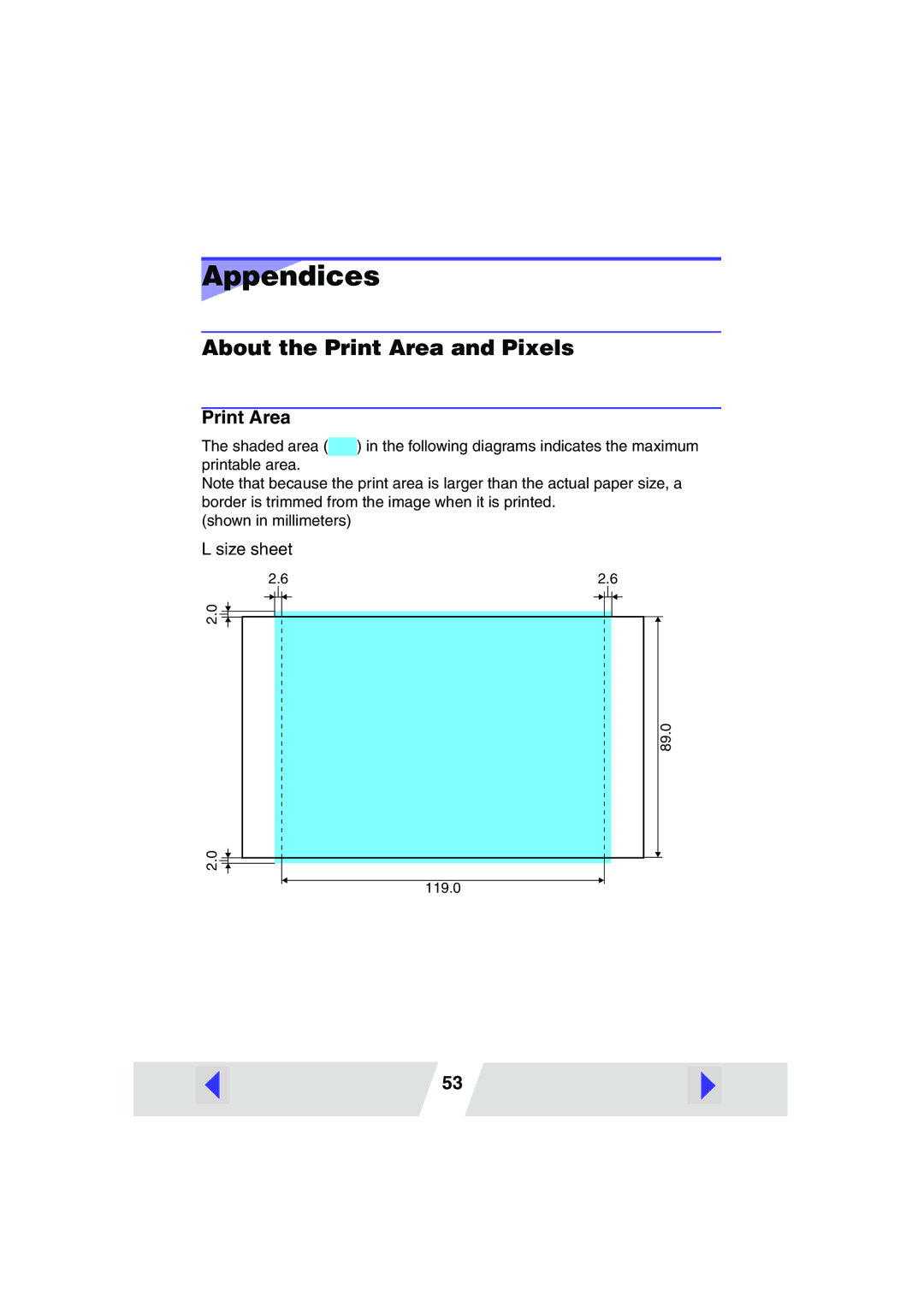 Canon CP-300, CP-200 manual Appendices, About the Print Area and Pixels 