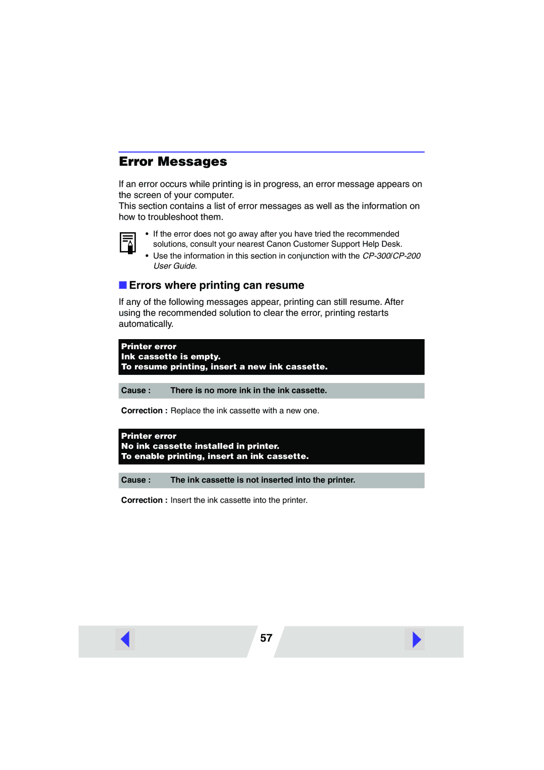 Canon CP-300, CP-200 manual Error Messages, Errors where printing can resume 