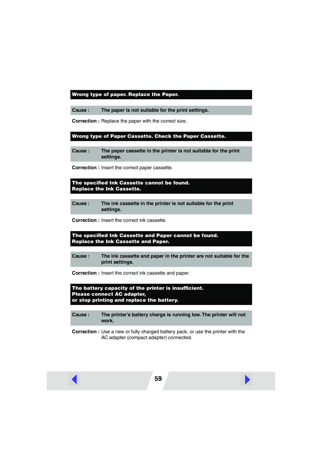 Canon CP-300, CP-200 manual Wrong type of paper. Replace the Paper 