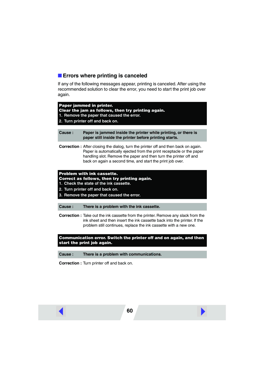 Canon CP-200, CP-300 manual Errors where printing is canceled, Cause There is a problem with the ink cassette 