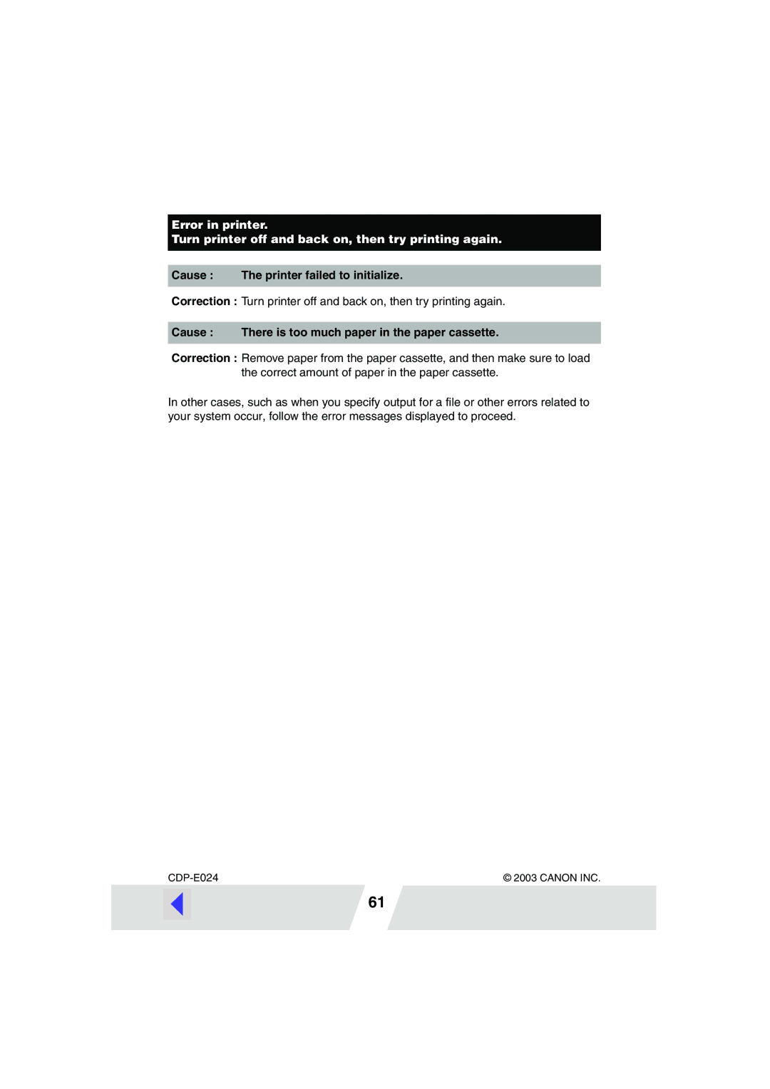 Canon CP-300, CP-200 manual Cause The printer failed to initialize 