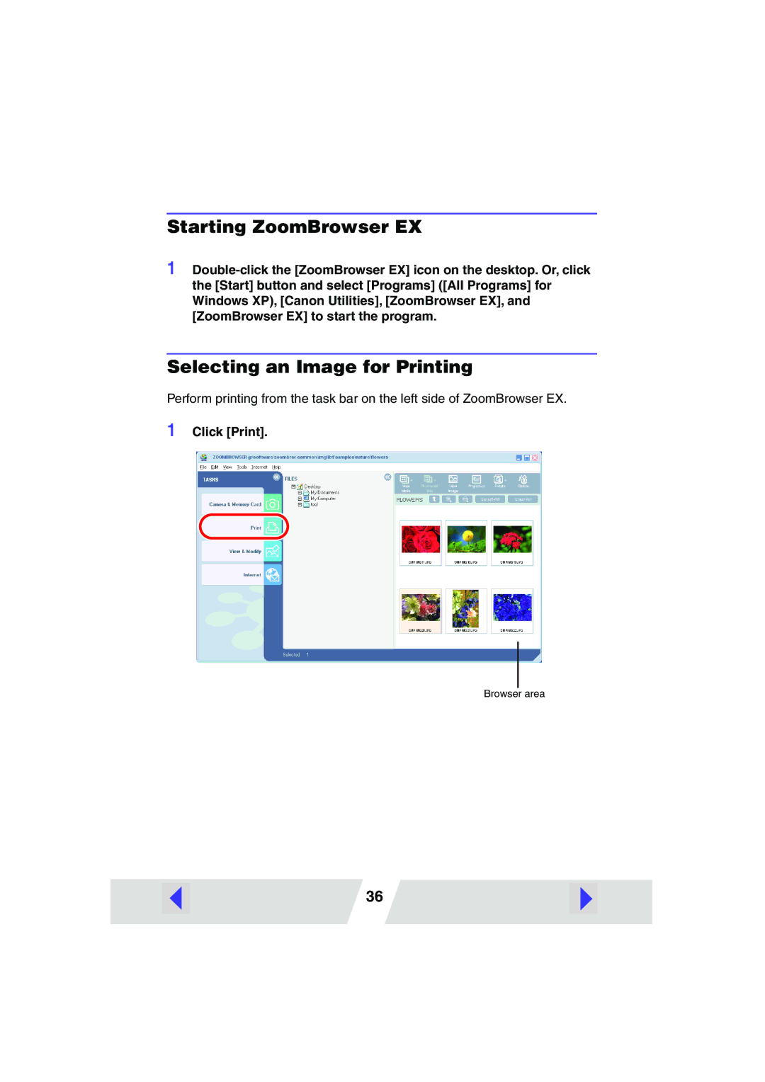 Canon CP-200, CP-300 manual Starting ZoomBrowser EX, Selecting an Image for Printing 