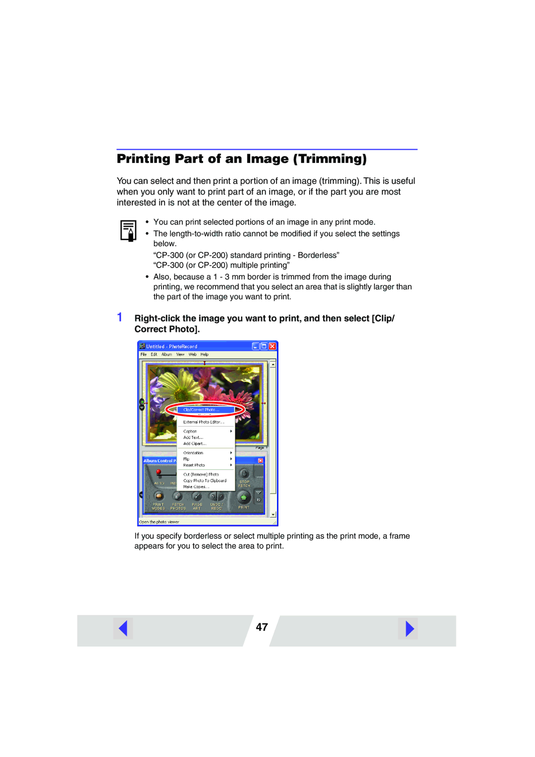 Canon CP-300, CP-200 manual Printing Part of an Image Trimming 