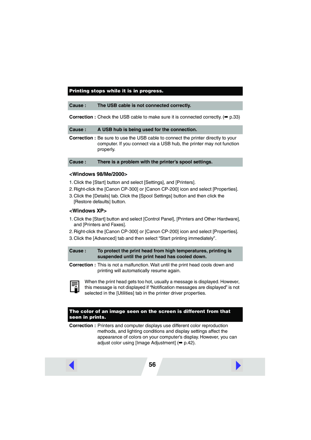 Canon CP-200, CP-300 manual Printing stops while it is in progress 