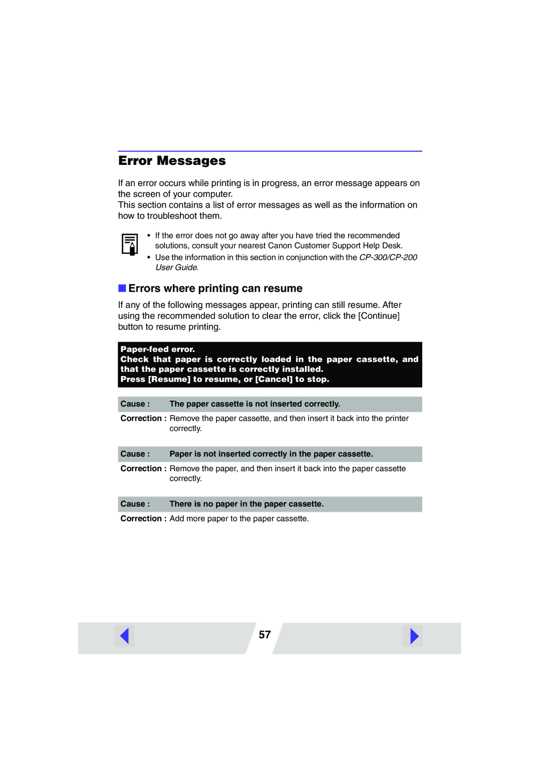 Canon CP-300, CP-200 manual Error Messages, Errors where printing can resume 