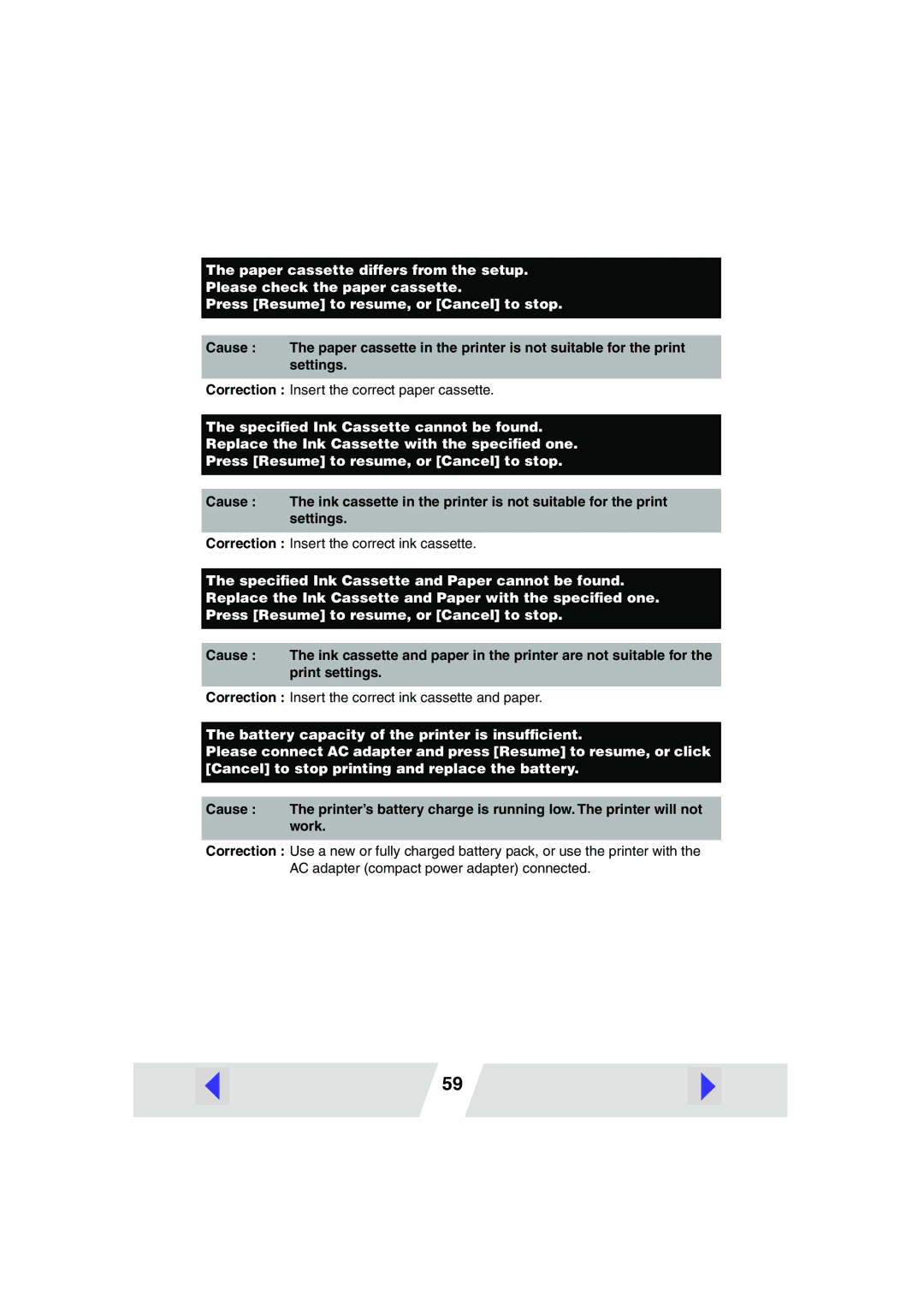 Canon CP-300, CP-200 manual Correction Insert the correct paper cassette 