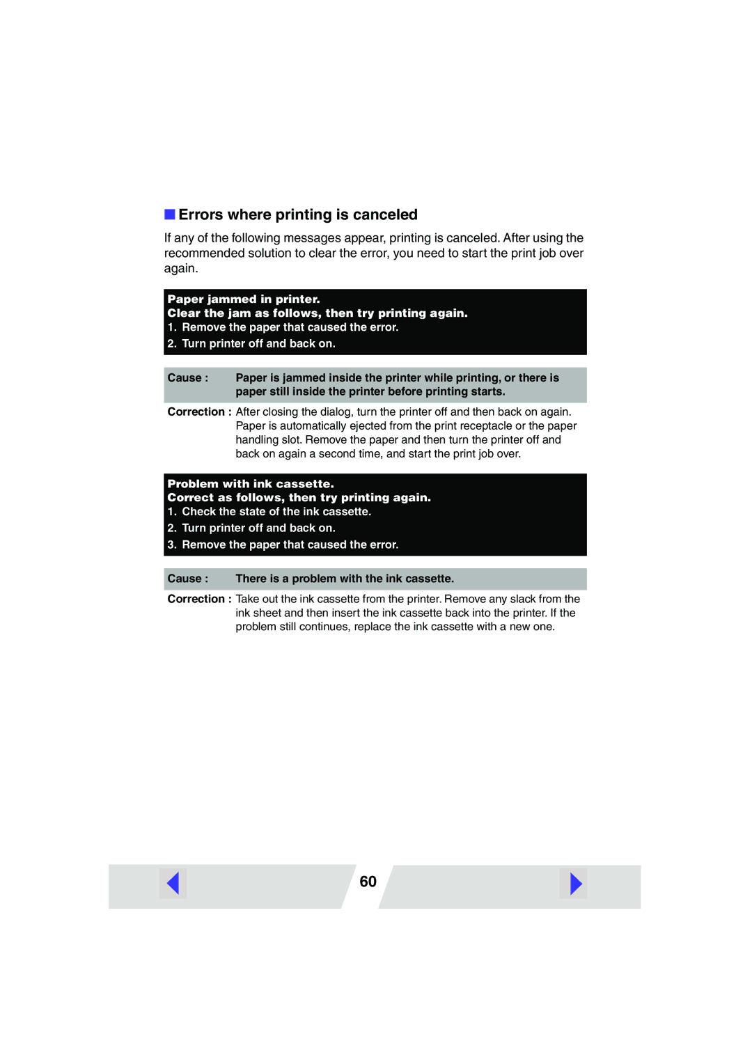 Canon CP-200, CP-300 manual Errors where printing is canceled, Cause There is a problem with the ink cassette 