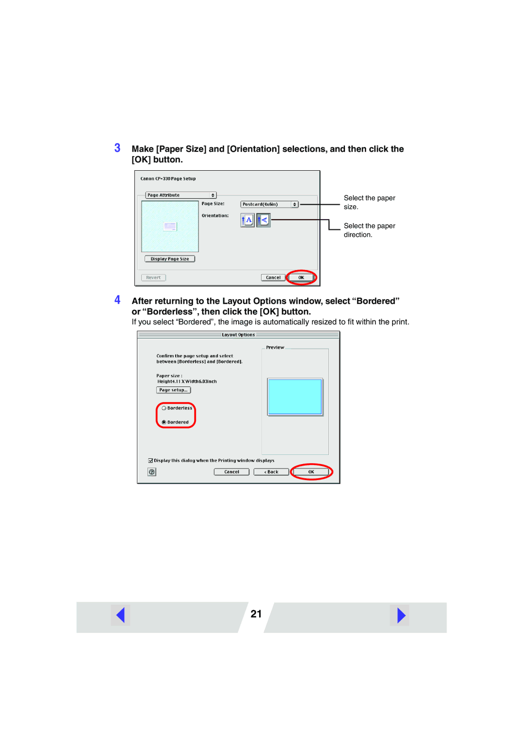 Canon CP330, CP220 manual Select the paper size Select the paper direction 