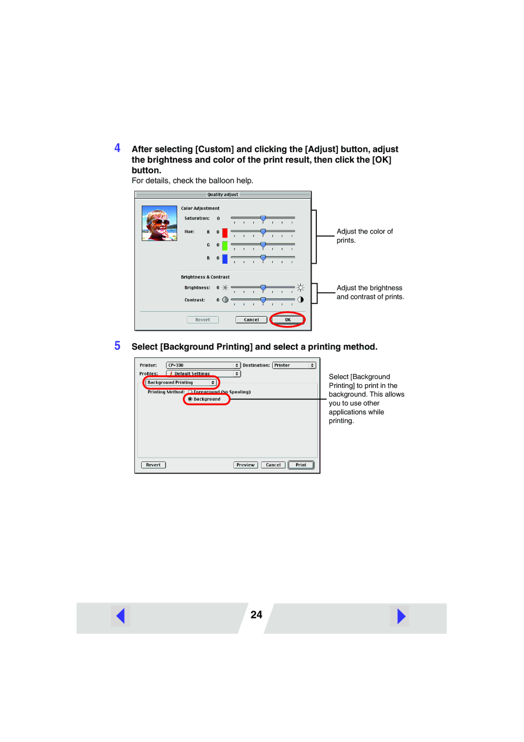 Canon CP220, CP330 manual Select Background Printing and select a printing method 