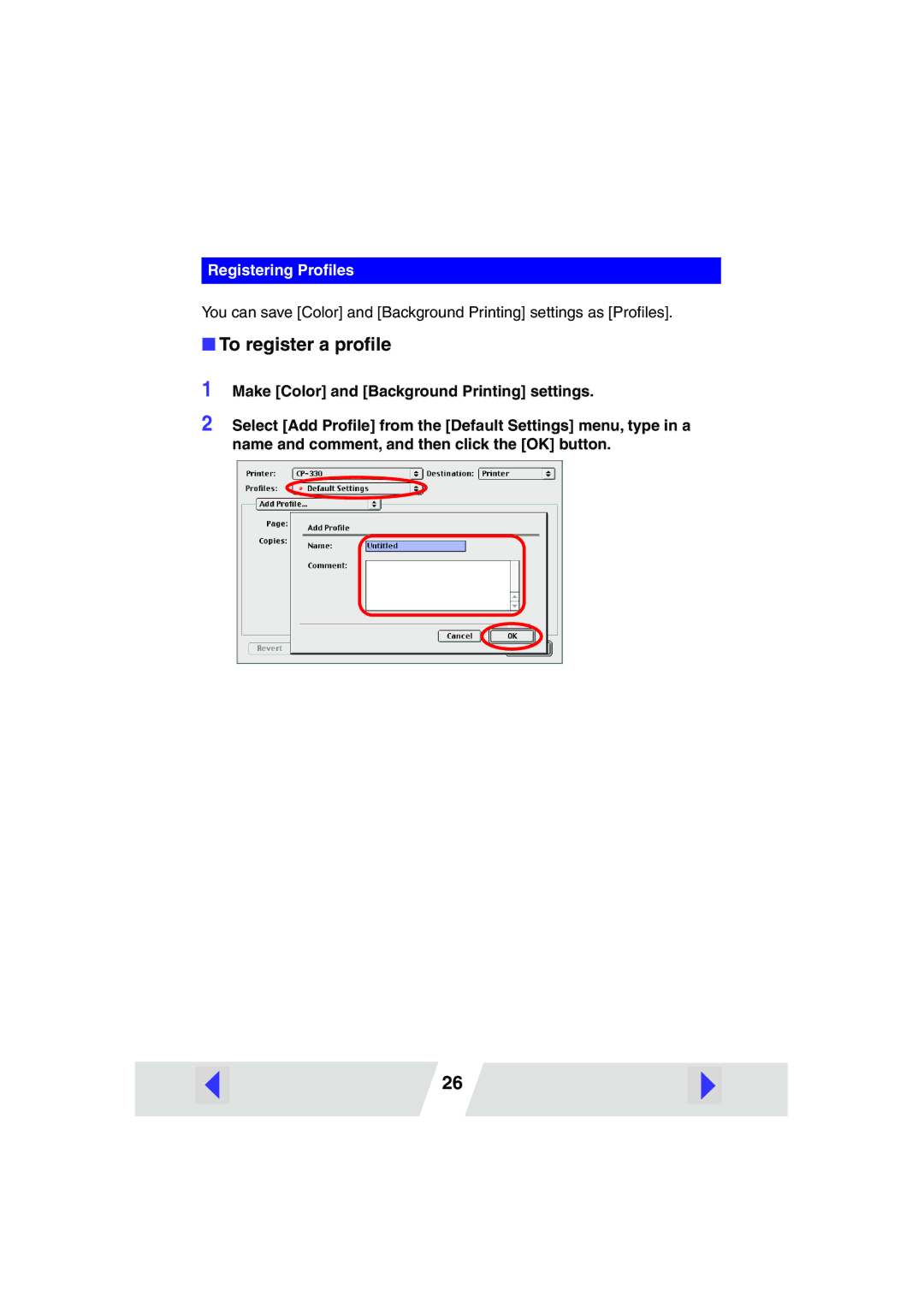 Canon CP220, CP330 manual To register a proﬁle 