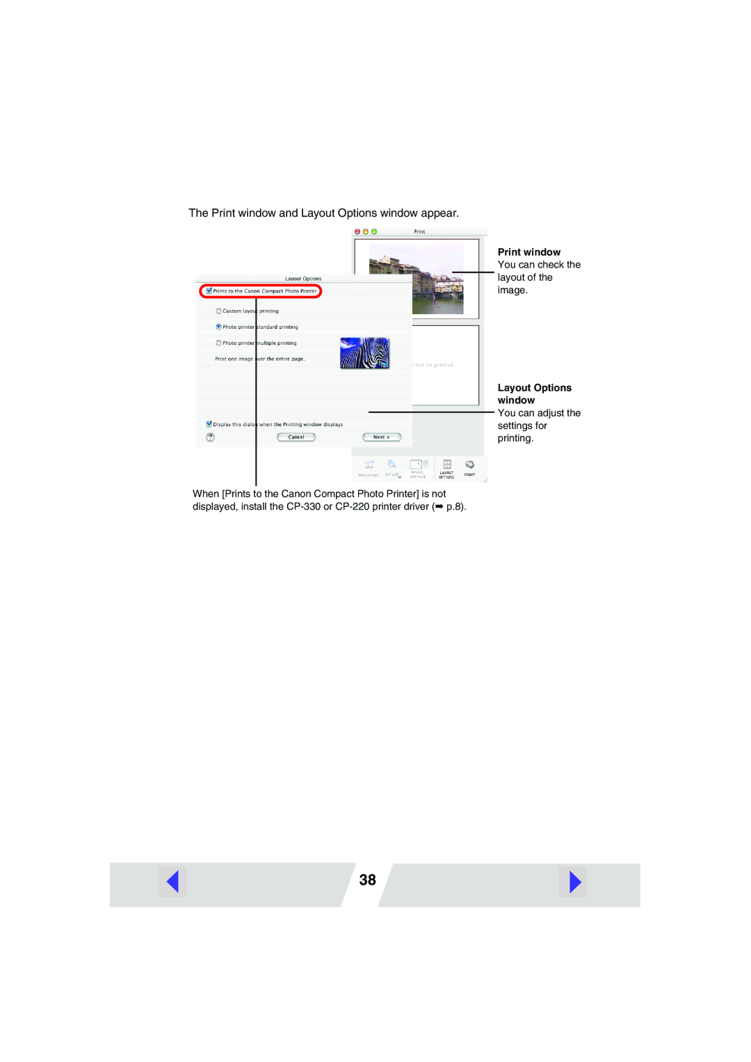 Canon CP220, CP330 manual Print window and Layout Options window appear 