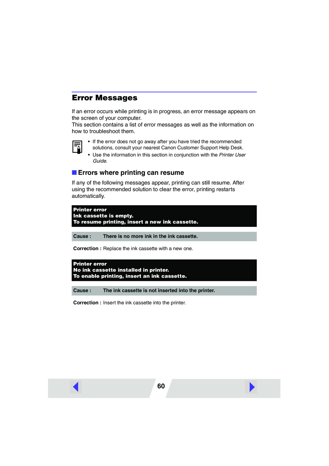 Canon CP220, CP330 manual Error Messages, Errors where printing can resume 