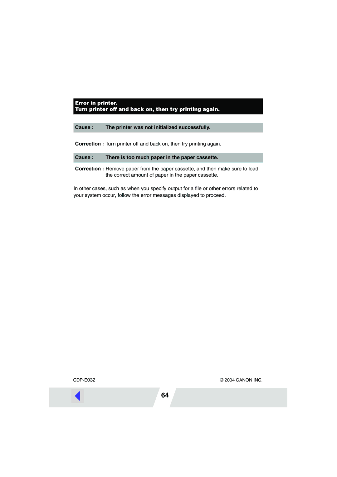 Canon CP220, CP330 manual Cause The printer was not initialized successfully 