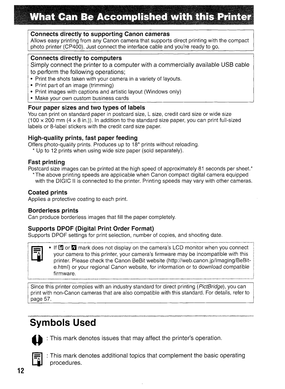 Canon CP400 manual Symbols Used 