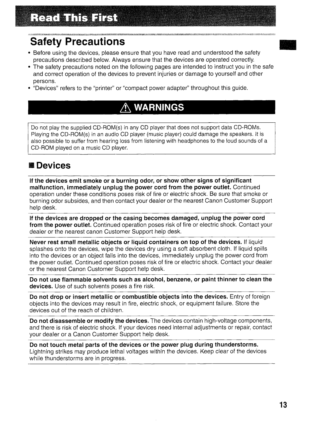 Canon CP400 manual Safety Precautions, Devices 