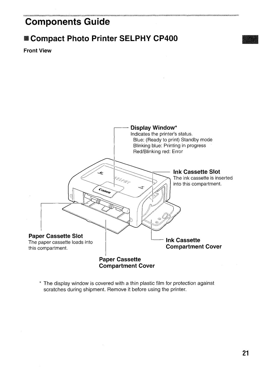 Canon manual Components Guide, II Compact Photo Printer Selphy CP400 