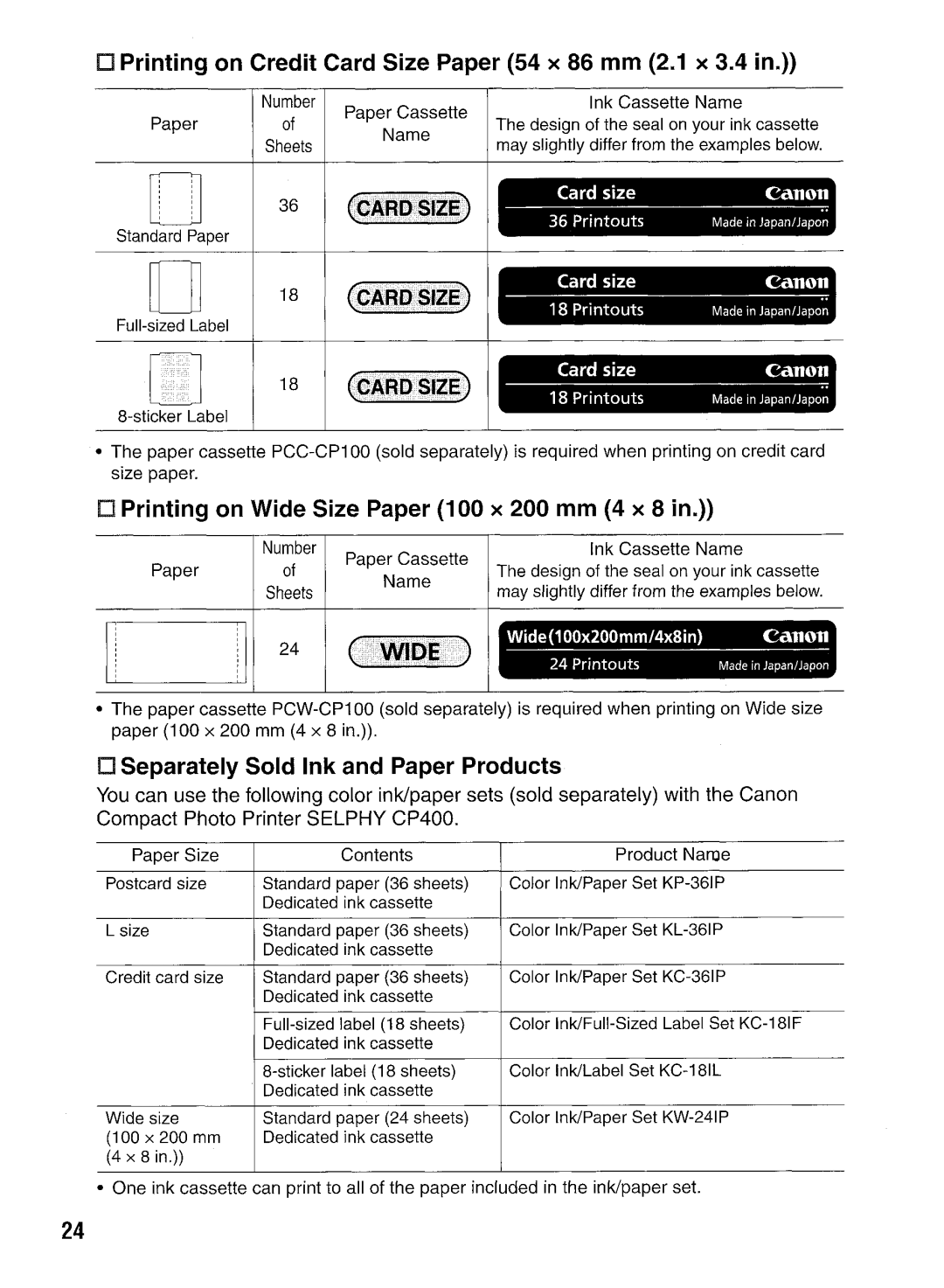 Canon CP400 manual Printing on Wide Size Paper 100 x 200 mm 4 x 8 in.», Separately Sold Ink and Paper Products, Canon 