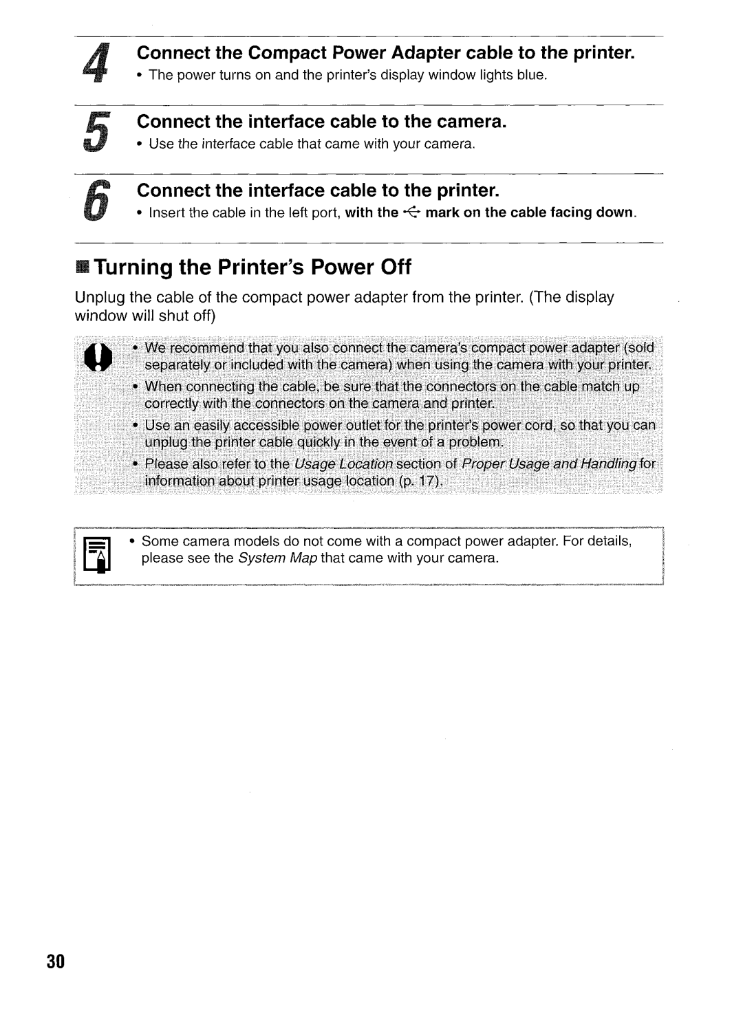 Canon CP400 manual Connect the Compact Power Adapter cable to the printer, Connect the interface cable to the camera 