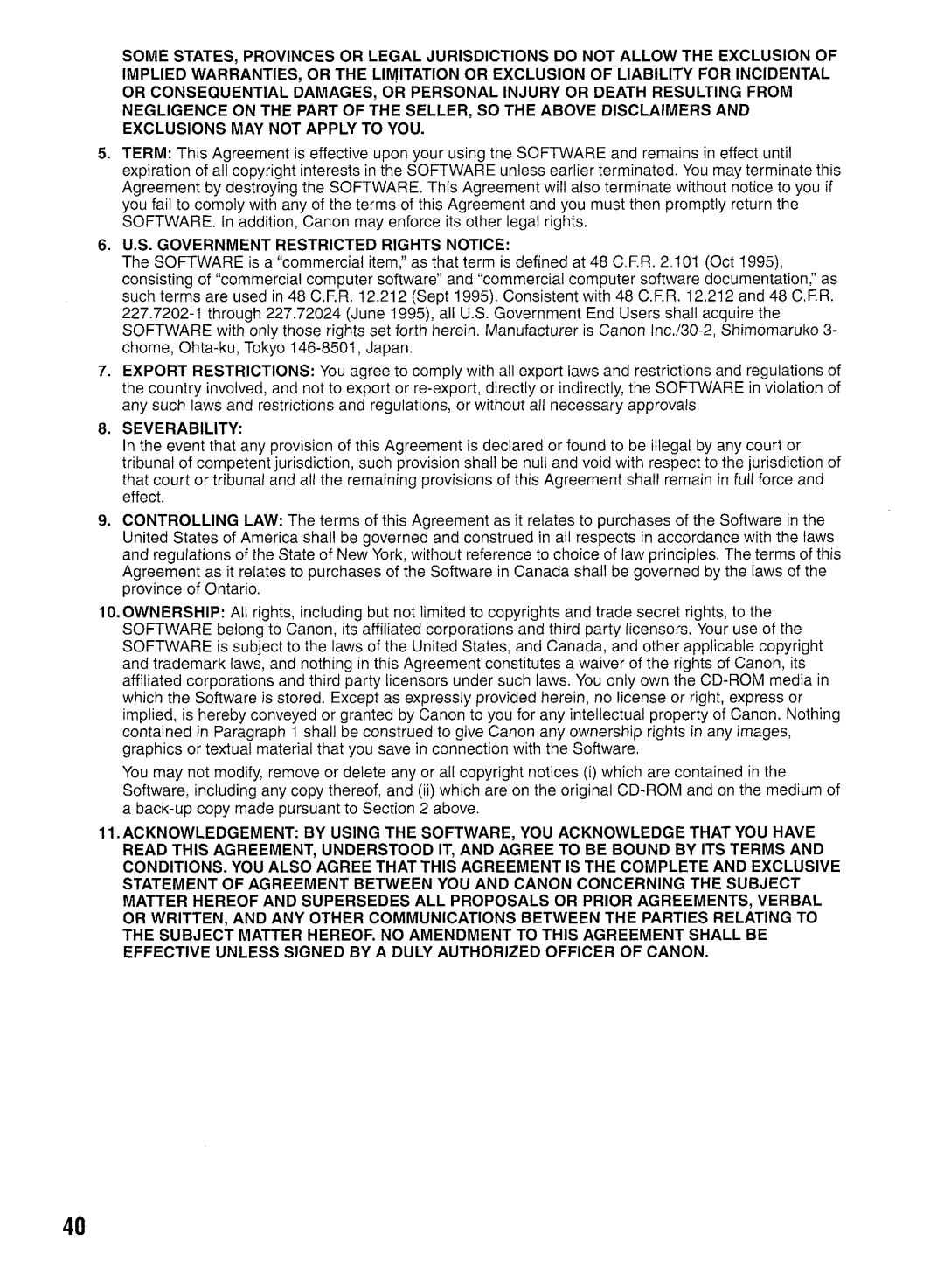 Canon CP400 manual S. Government Restricted Rights Notice 