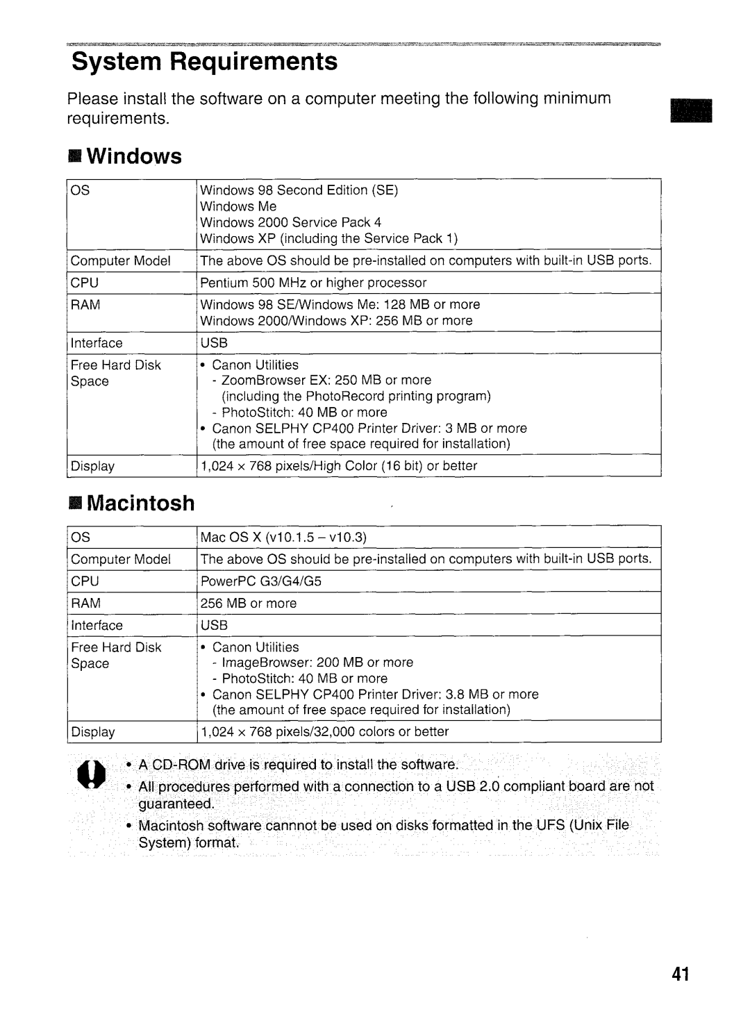 Canon CP400 manual System Requirements, BWindows, Macintosh 