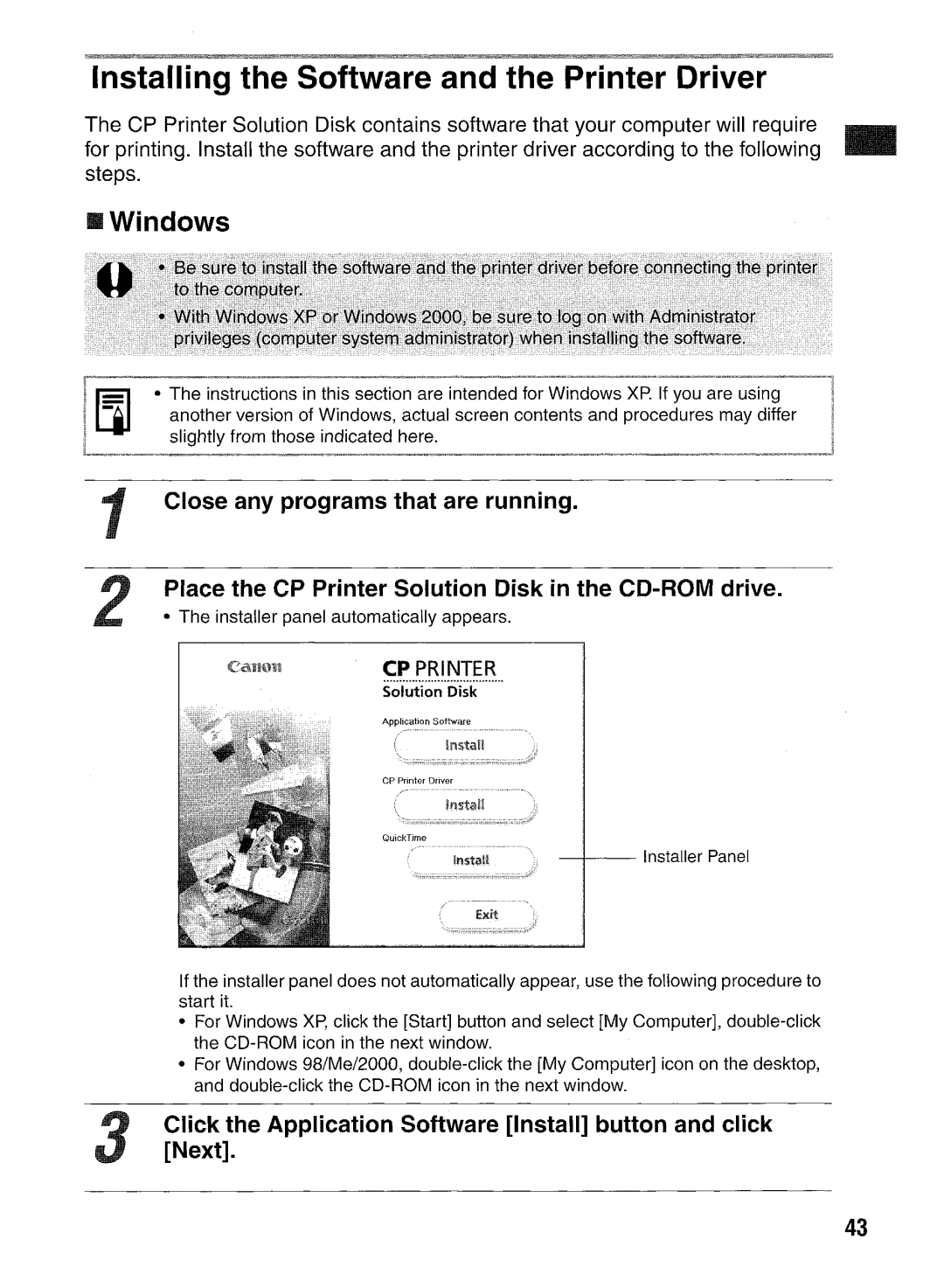 Canon CP400 manual Installing the Software and the Printer Driver, Windows 