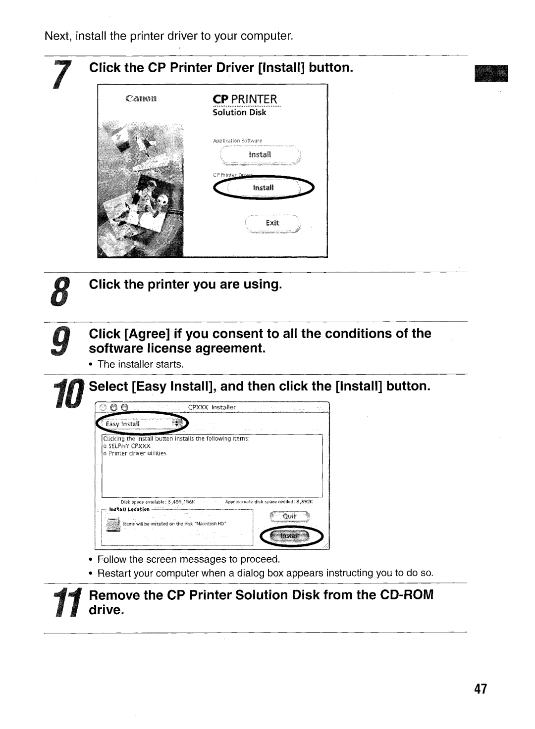 Canon CP400 manual Select Easy Install, and then click the Install button 