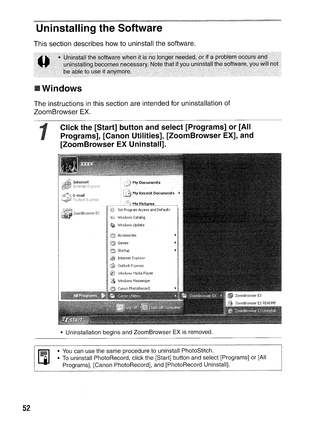 Canon CP400 manual Uninstalling the Software, Windows 