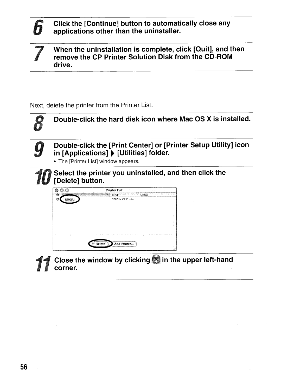 Canon CP400 manual Next, delete the printer from the Printer List 