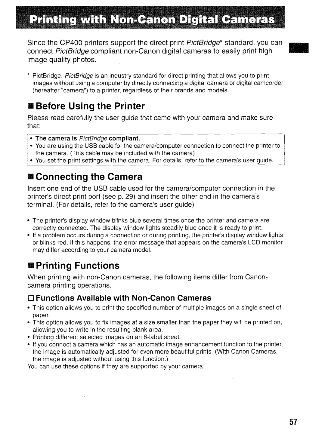 Canon CP400 manual Before Using the Printer, Connecting the Camera, Printing Functions 