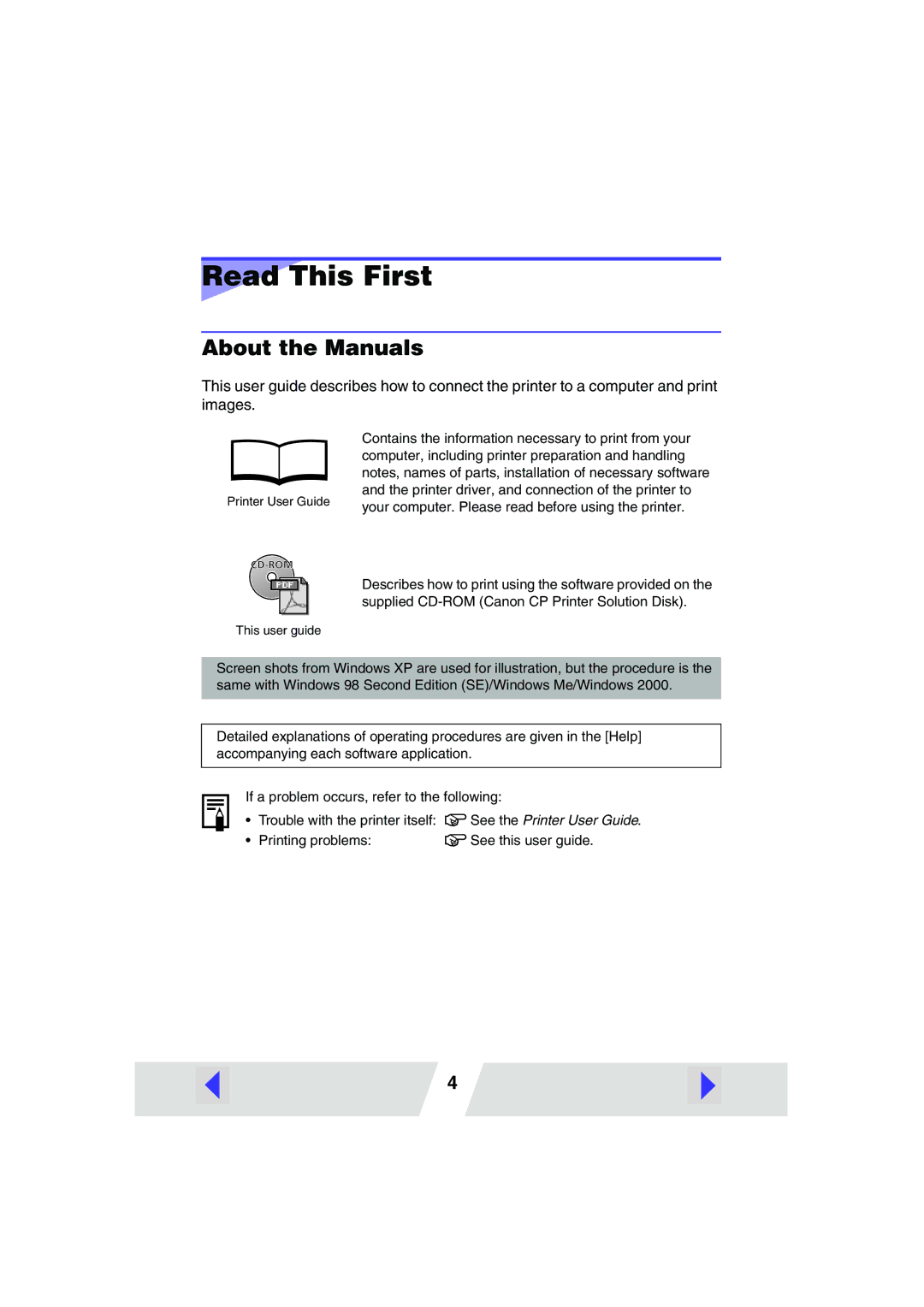 Canon CP400 manual Read This First, About the Manuals 