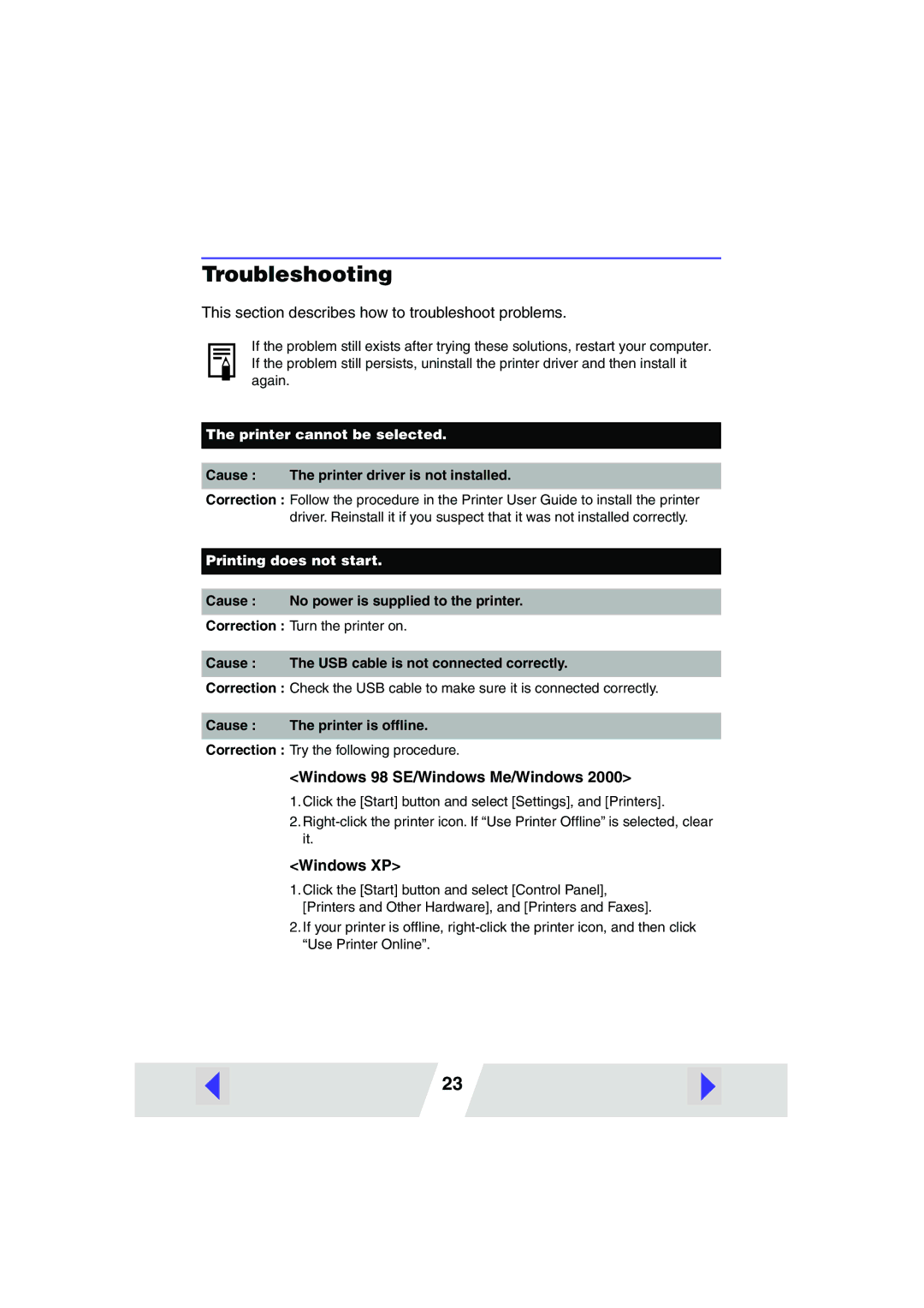 Canon CP400 manual Troubleshooting, Cause The printer driver is not installed, Cause No power is supplied to the printer 