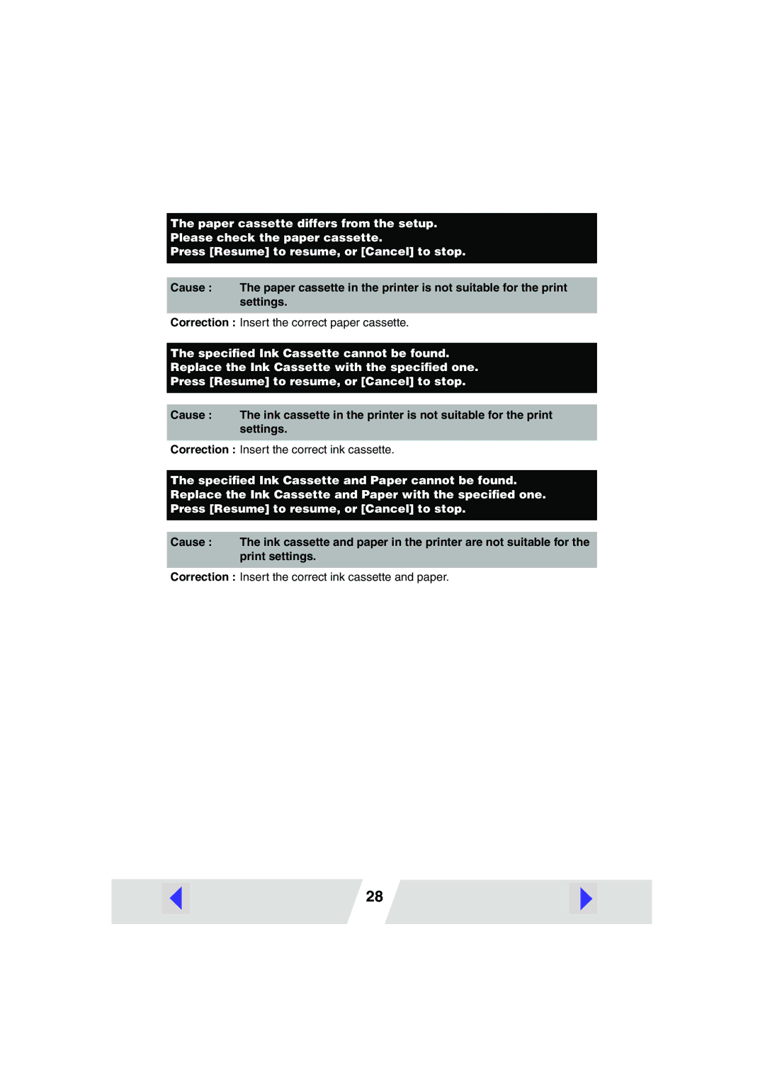 Canon CP400 manual Correction Insert the correct paper cassette 