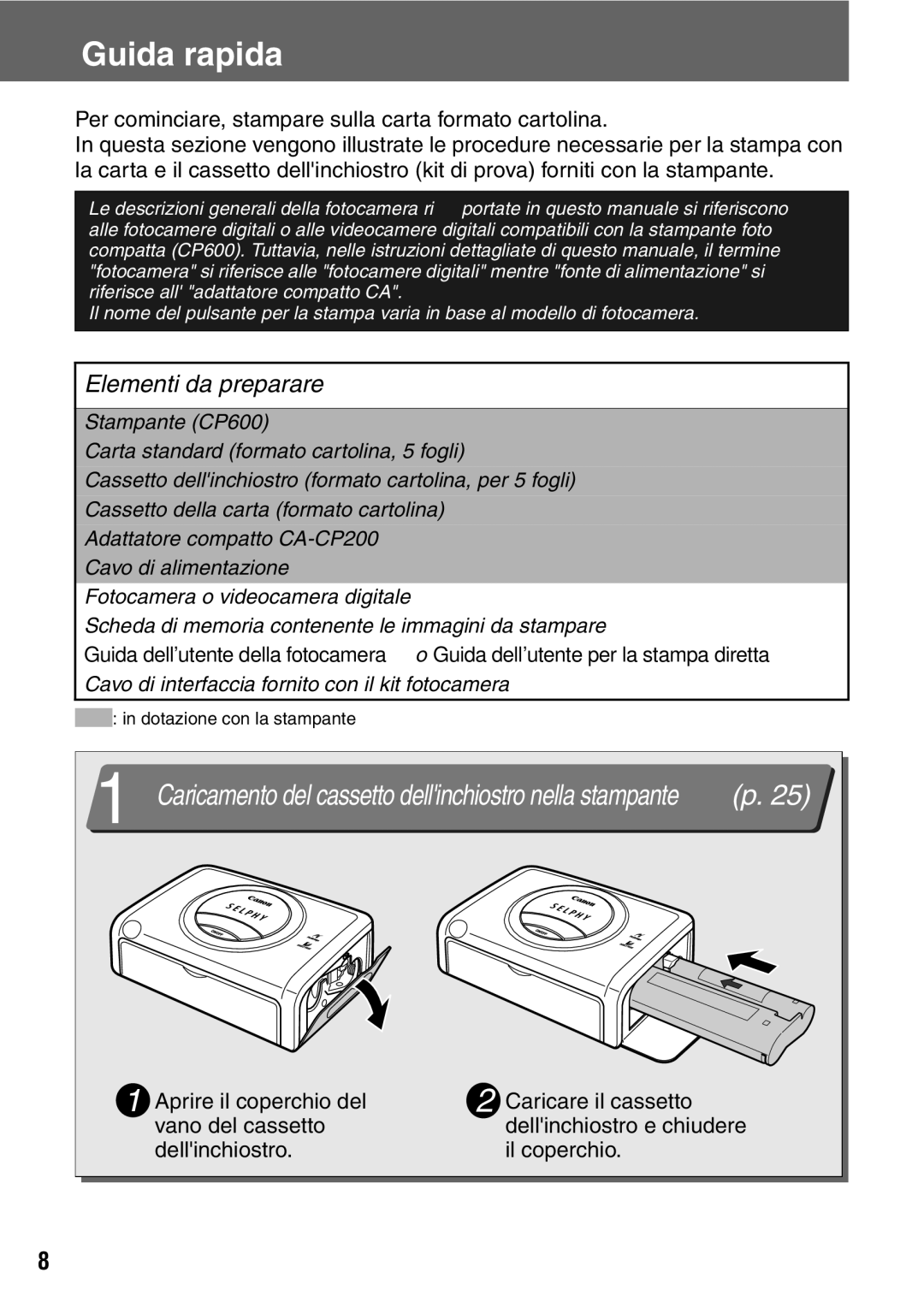 Canon CP600 manual Guida rapida, Elementi da preparare 