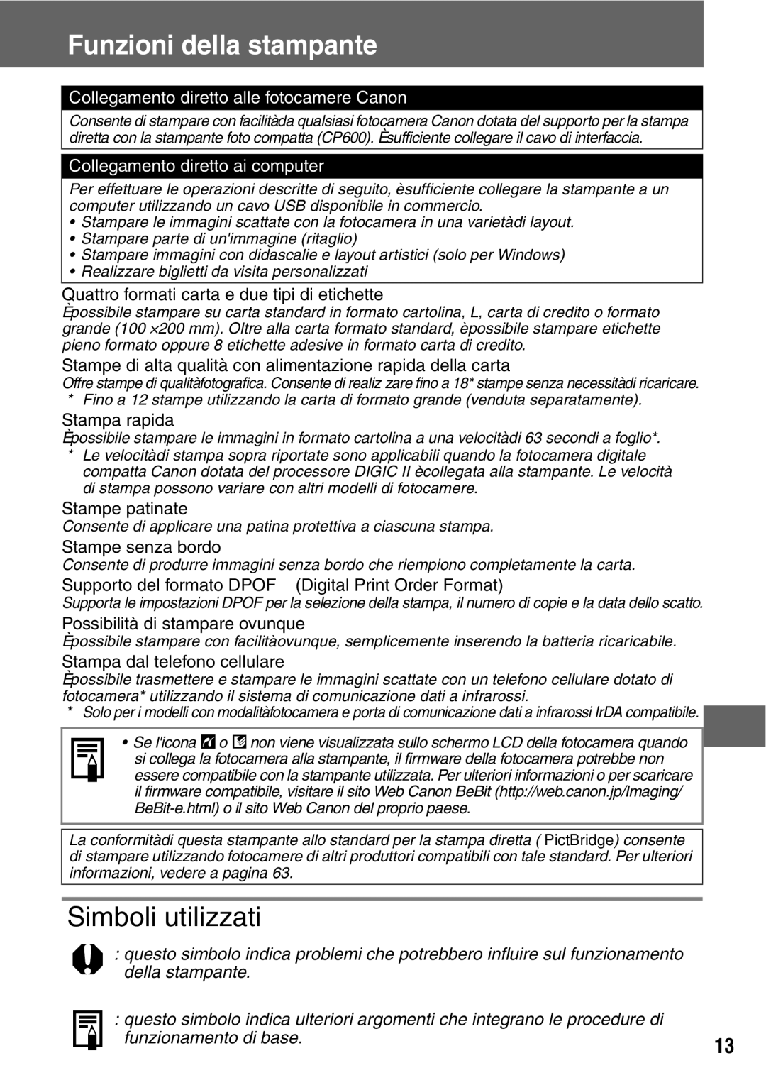 Canon CP600 manual Funzioni della stampante, Simboli utilizzati 