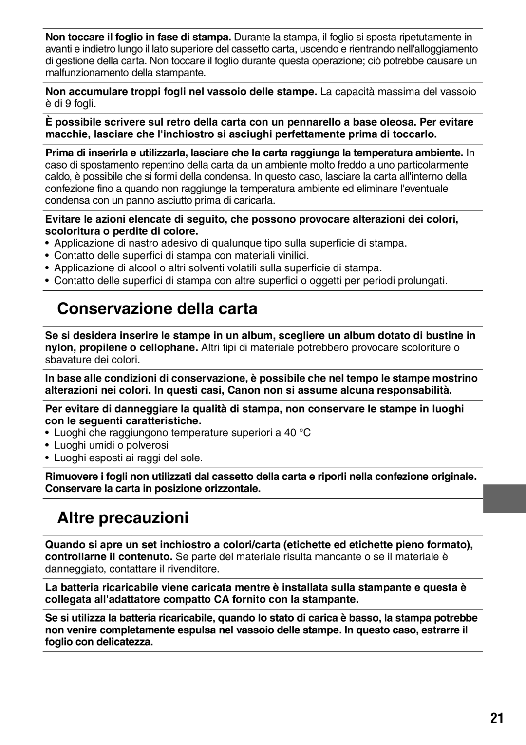 Canon CP600 manual „ Conservazione della carta, „ Altre precauzioni 