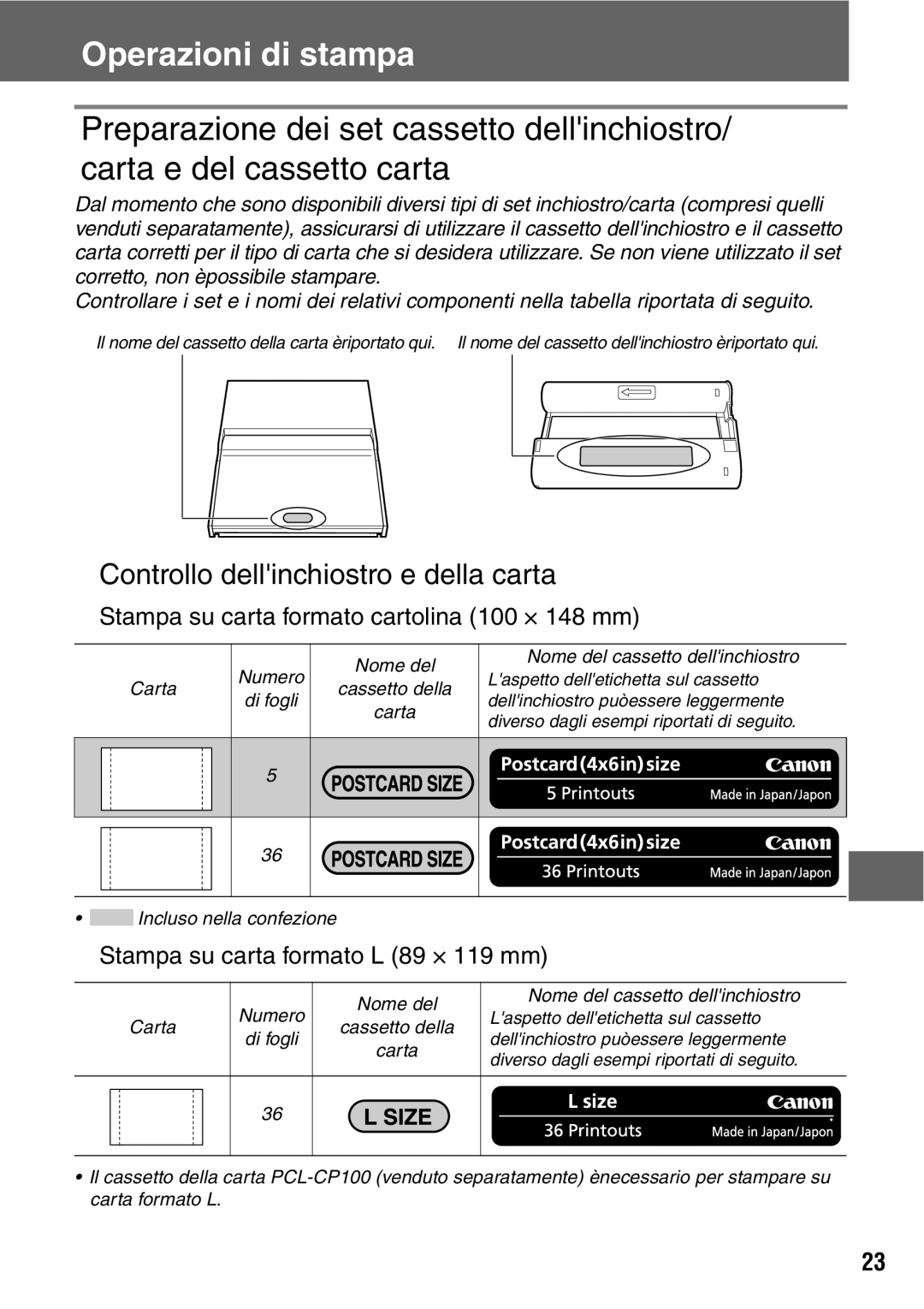 Canon CP600 manual Operazioni di stampa, „ Controllo dellinchiostro e della carta, † Stampa su carta formato L 89 × 119 mm 