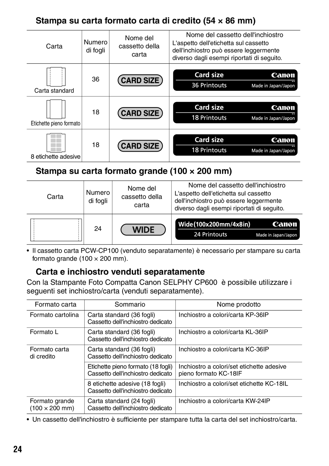 Canon CP600 manual † Stampa su carta formato carta di credito 54 × 86 mm, † Stampa su carta formato grande 100 × 200 mm 