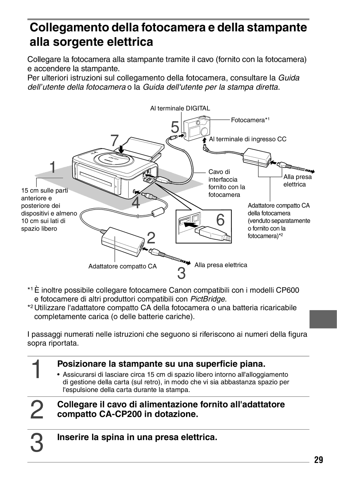 Canon CP600 Posizionare la stampante su una superficie piana, Collegare il cavo di alimentazione fornito alladattatore 