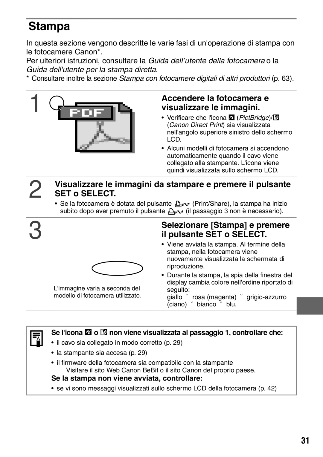 Canon CP600 manual Stampa, Accendere la fotocamera e, Visualizzare le immagini, SET o Select 