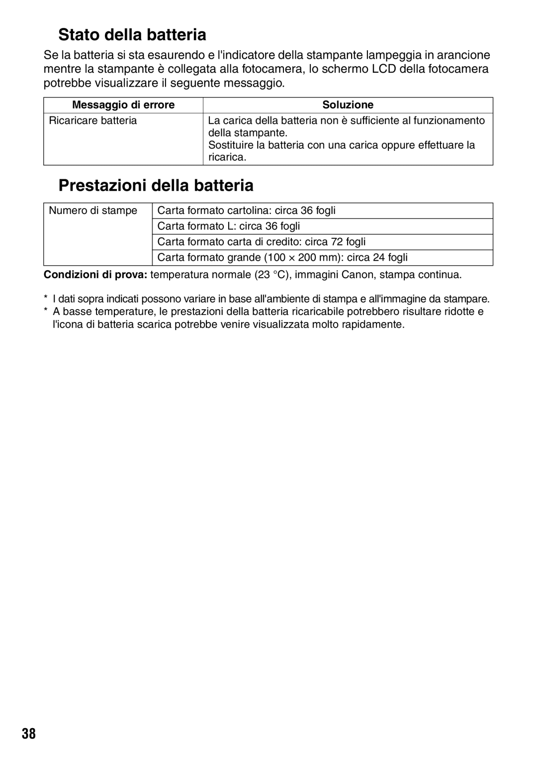 Canon CP600 manual „ Stato della batteria, „ Prestazioni della batteria 