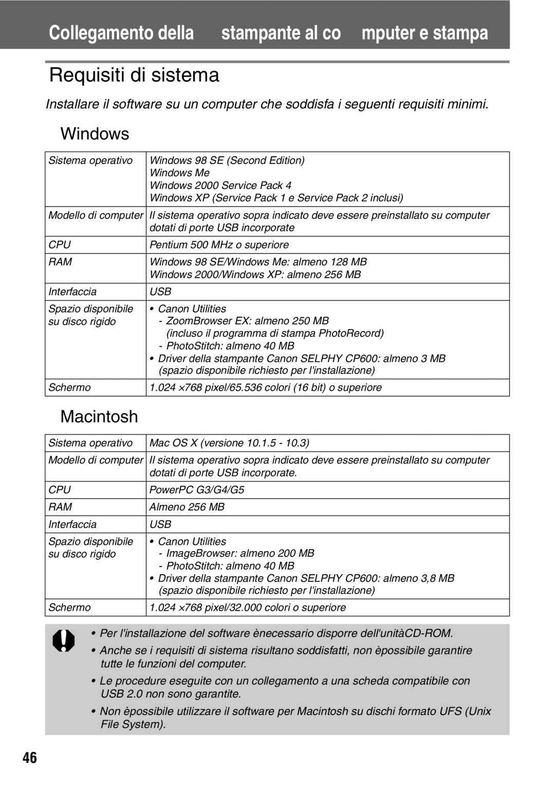 Canon CP600 manual Collegamento della stampante al computer e stampa, Requisiti di sistema, „Windows, „ Macintosh 