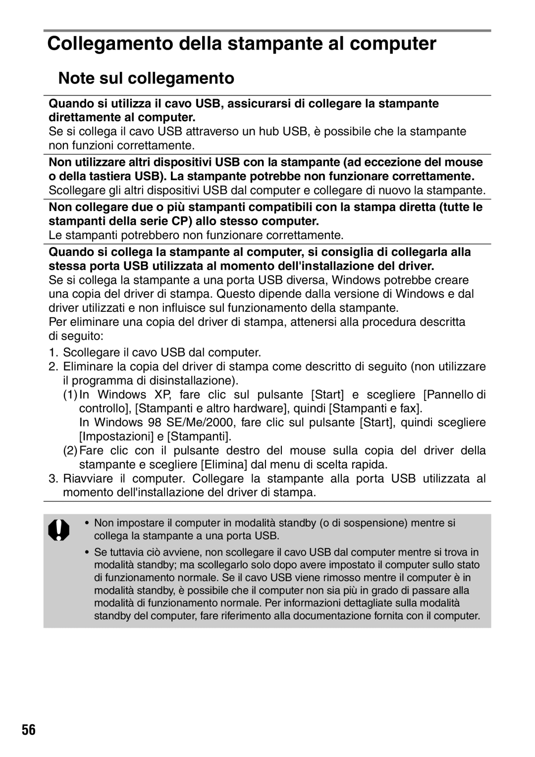 Canon CP600 manual Collegamento della stampante al computer, „ Note sul collegamento 