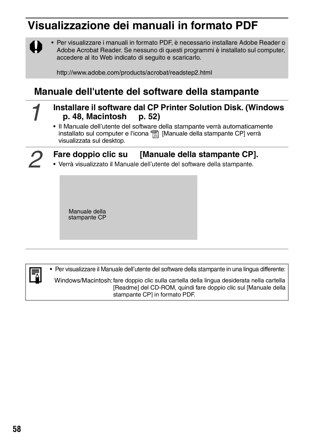 Canon CP600 manual „ Manuale dellutente del software della stampante, Fare doppio clic su Manuale della stampante CP 