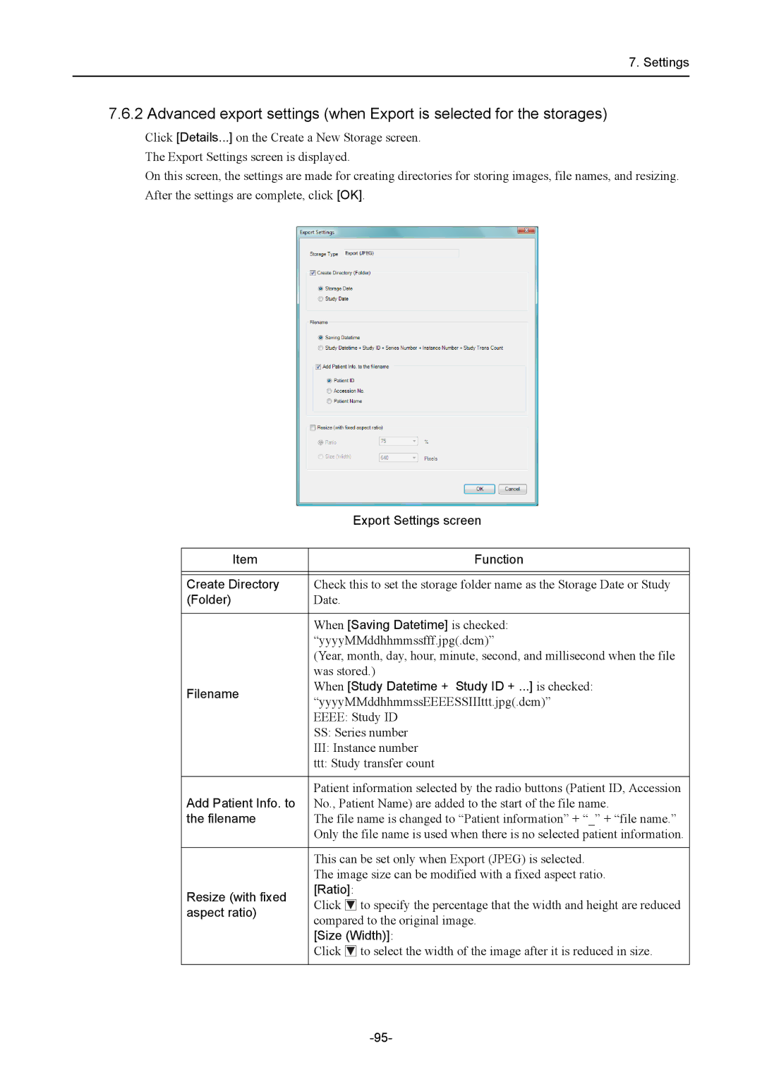 Canon CR-1 MARK II Export Settings screen, Create Directory, When Saving Datetime is checked, Add Patient Info. to 